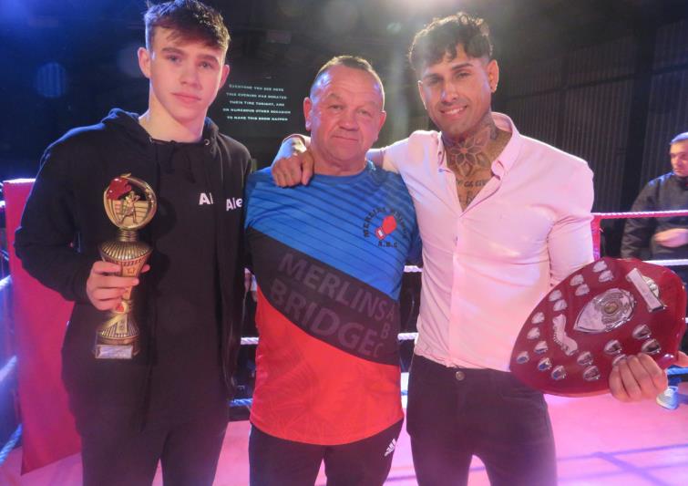 Boxers of the night Alex O Sullivan and Ed Wollard with coach Graham Brockway